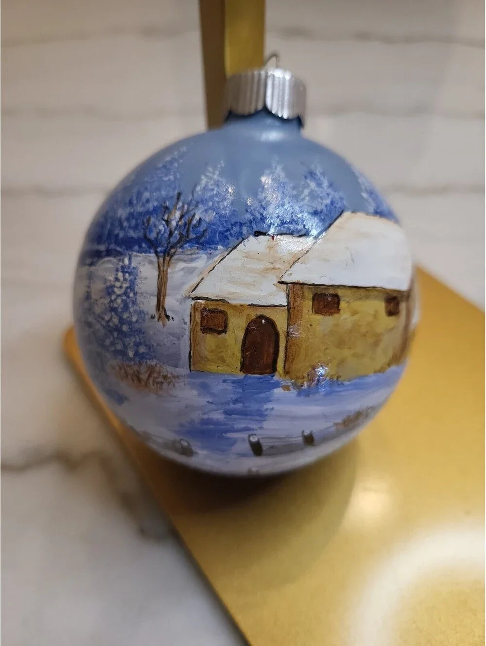 Vtg Glass Hand Painted Signed Ornament EUC Winter Snow Day Farm Scene 3.5” OOAK